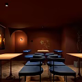 Cozy Bar Interior With Brown Walls Blue Seats Wooden Tables And Warm Lighting