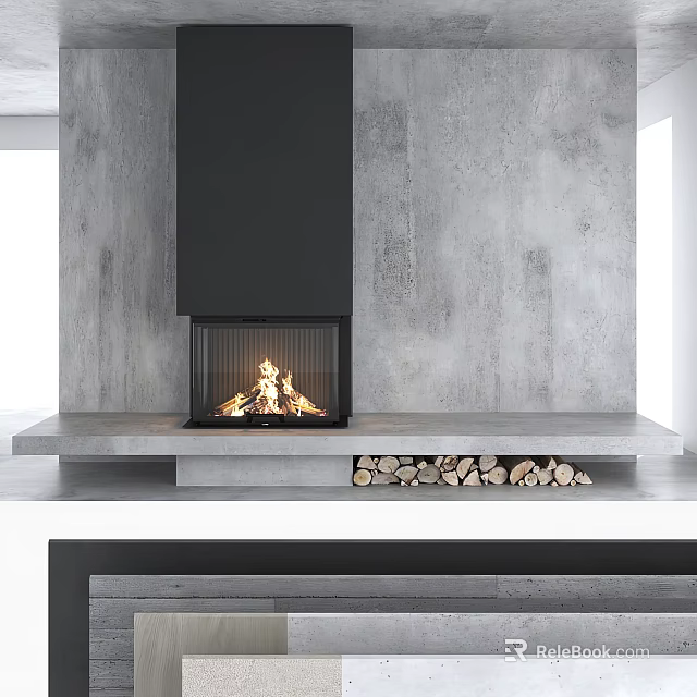 Modern Black Fireplace With Burning Flame And Stacked Firewood Logs On Gray Wall Background 3d model 