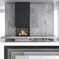 Modern Black Fireplace With Burning Flame And Stacked Firewood Logs On Gray Wall Background