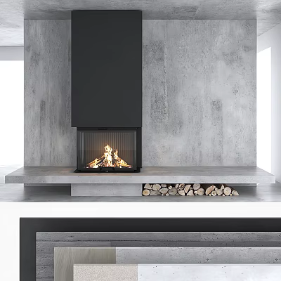 Modern Black Fireplace With Burning Flame And Stacked Firewood Logs On Gray Wall Background 3d model