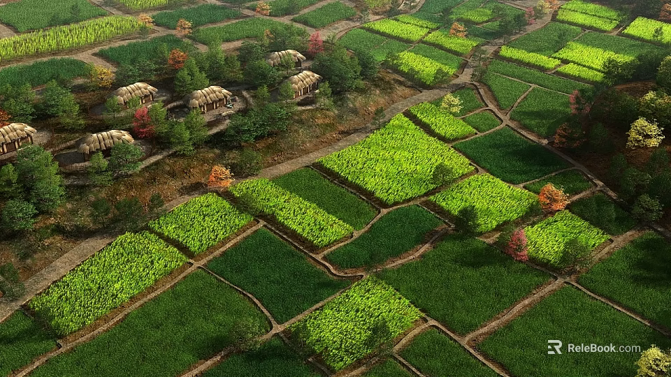 Aerial View Rural Scenery With Green Farmland Fields Paths and Colorful Trees Farmhouses 3d model 
