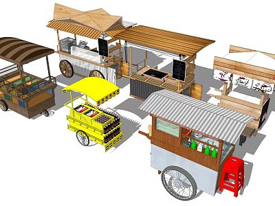 Variety of Functional Food Carts With Wooden Metal Canopies Wheels and Display Shelves 3d model