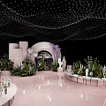 Romantic Pink Banquet Hall Interior With Floral Arch String Lights And White Sculptures