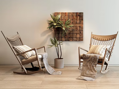 Two Wooden Rocking Chairs With Woven Accents Near Potted Plant And Wall Art 3d model