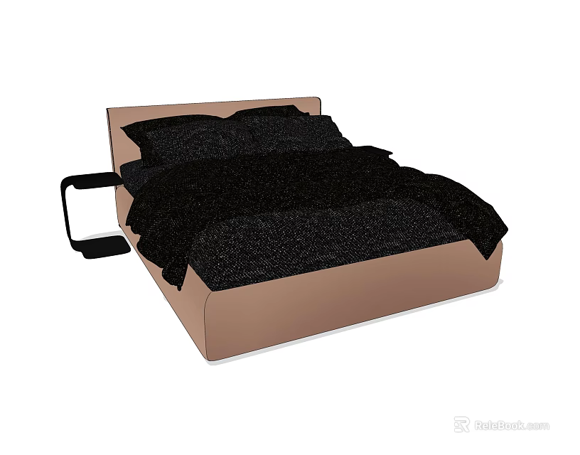 Double Bed With Brown Frame And Black Bedding Including Pillows 3d model