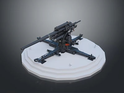 Black Cannon Like Mechanical Structure On White Stepped Display Platform With Metal Base 3d model