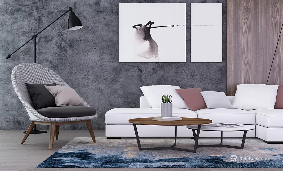 Modern White Sofa Coffee Table Set With Cushions Wooden Top Metal Frame And Blue Rug 3d model 