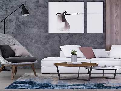 Modern White Sofa Coffee Table Set With Cushions Wooden Top Metal Frame And Blue Rug 3d model