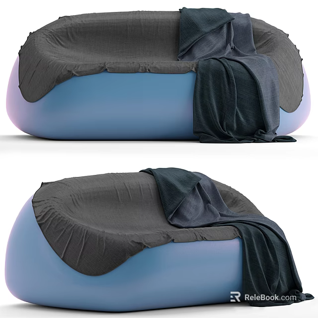 Modern Blue Sectional Sofa With Gray Cushions And Dark Throw Blanket 3d model