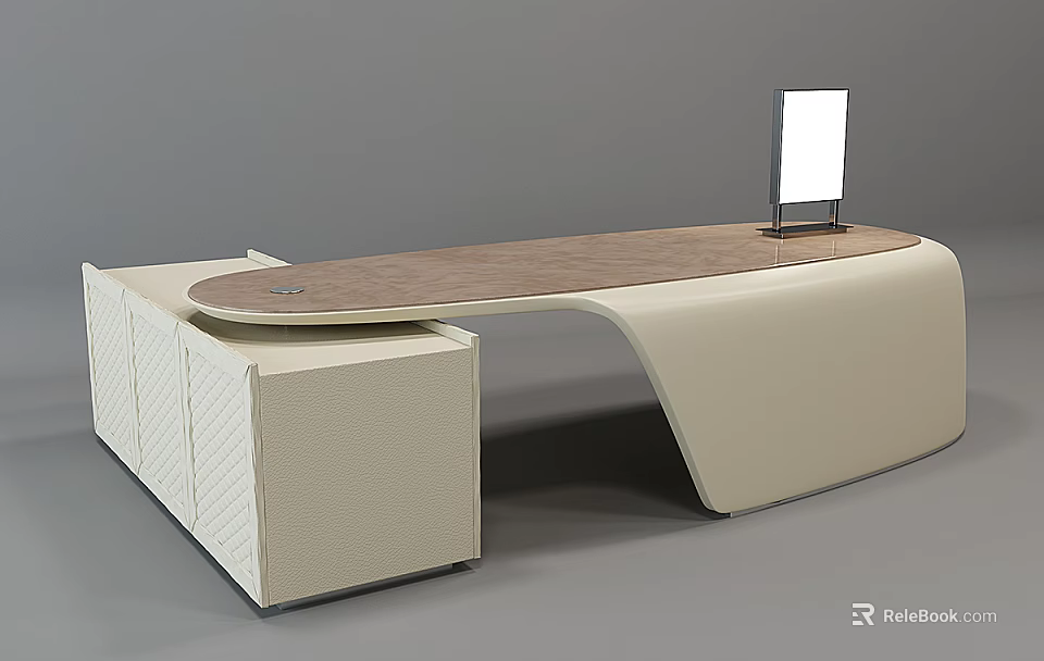 Modern Office Desk With Curved Wooden Top And White Storage Cabinet 3d model 