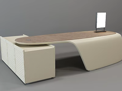 Modern Office Desk With Curved Wooden Top And White Storage Cabinet 3d model