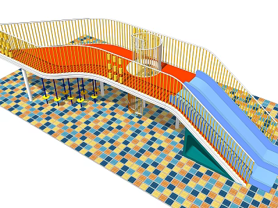 Colorful Playground Equipment With Blue Slide Orange Platform Yellow Railings And Colorful Tiled Floor 3d model