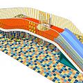 Colorful Playground Equipment With Blue Slide Orange Platform Yellow Railings And Colorful Tiled Floor