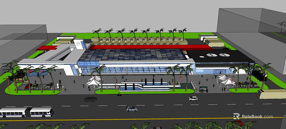 Modern Public Building With Glass Facade Plaza Palm Trees And Pedestrians 3d model 