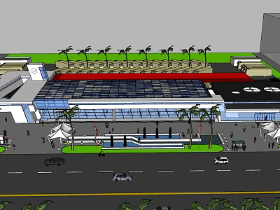Modern Public Building With Glass Facade Plaza Palm Trees And Pedestrians 3d model