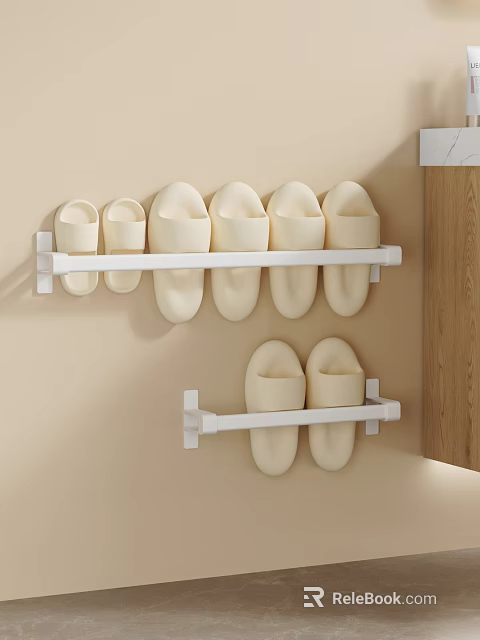 White Wall Mounted Shoe Rack With Beige Slippers In Modern Home 3d model 