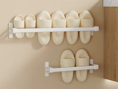 White Wall Mounted Shoe Rack With Beige Slippers In Modern Home 3d model