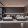 Modern Hotel Room Interior Design With Twin Beds Dark Furniture Window And Rug Chair