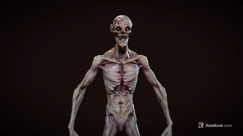 Horror Game Movie Character With Skeleton Head Glowing Eyes And Emaciated Body 3d model 