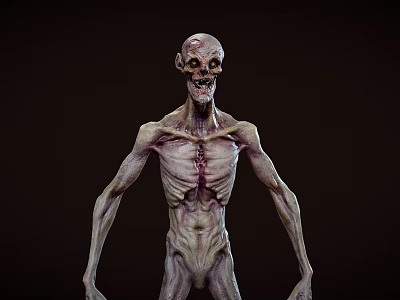 Horror Game Movie Character With Skeleton Head Glowing Eyes And Emaciated Body 3d model