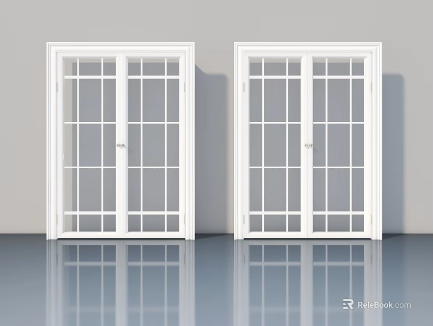 Double Swing Doors With White Frames And Glass Panes In Interior 3d model