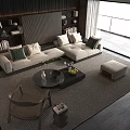 Modern Sofa and Coffee Table Set with Green Pillows Plants Cozy Rug and Wooden Chair