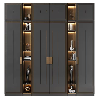 Elegant Modern Bookcase Design With Metal Accents LED Lighting And Decorative Sculptures 3d model
