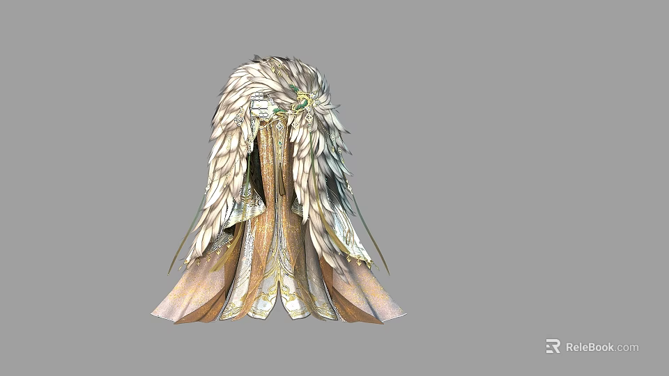 Elegant Feathered Robe With Golden Accents And Layered Decorative Fabric 3d model 