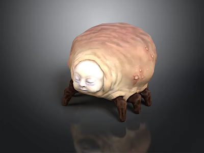 Pupa Like Sculpture With Human Face Features Legs And Bumpy Light Brown Surface 3d model