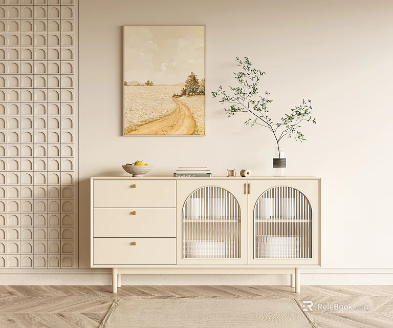 Beige Sideboard with Lattice Doors Drawers and Green Plant on Decorative Panel Wall Wooden Floor 3d model 