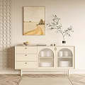 Beige Sideboard with Lattice Doors Drawers and Green Plant on Decorative Panel Wall Wooden Floor