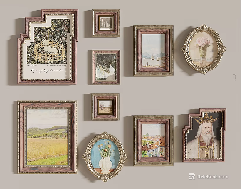 Various Picture Frames With Different Shapes Sizes And Artworks On Gray Wall 3d model