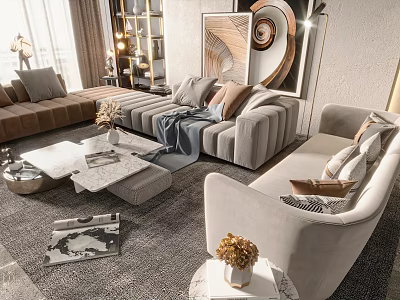 Elegant Modern Living Room Sofa Coffee Table With Plush Pillows Soft Blanket And Marble Top 3d model