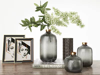 Gray Textured Vases With Gold Lids Green Foliage And White Flowers On Wooden Table 3d model