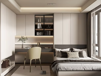 Modern Tatami Bedroom Interior With Built-in Bookshelves Desk Chair Large Windows And Minimalist Design 3d model