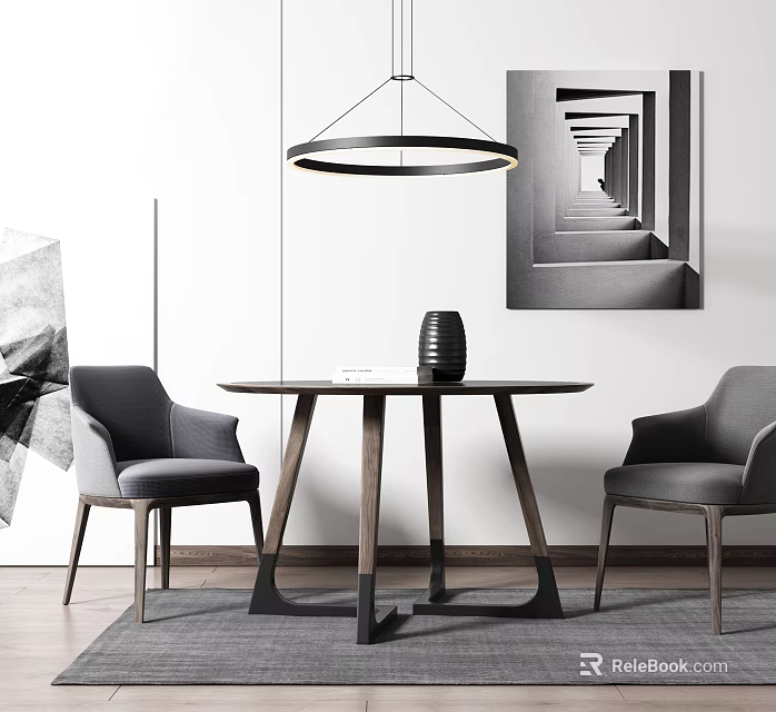 Modern Round Table with Grey Chairs Black Vase Abstract Wall Art and Pendant Light 3d model 