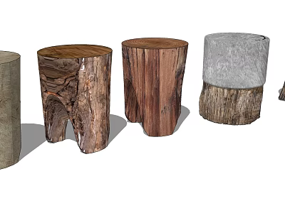 Natural Wooden Tree Stump Stools With Various Textures And Gray Concrete Design 3d model