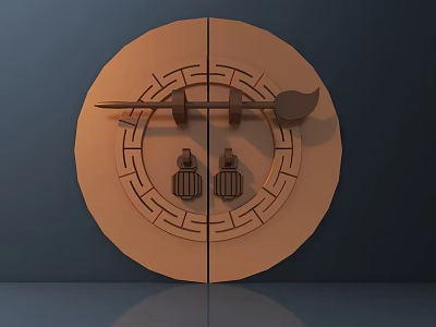 Traditional Chinese Style Wooden Door Handle on Circular Door with Symmetric Carvings and Decorative Details 3d model