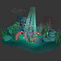 Underwater Scene With Pink Coral Green Seagrass Rocky Platforms Fish Schools And Light Beams