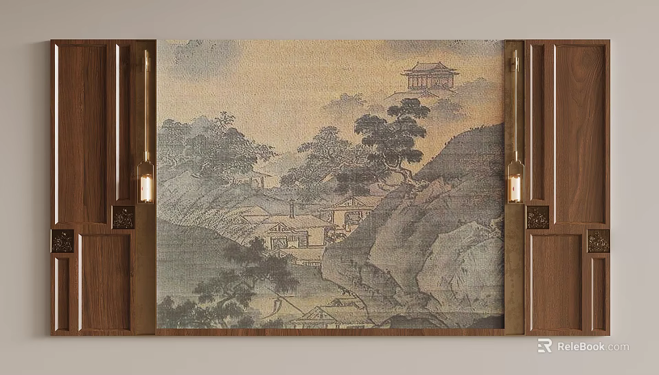 Traditional Chinese Sofa Background Wall with Landscape Painting Wooden Frame and Decorative Lights 3d model 