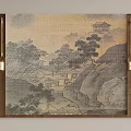 Traditional Chinese Sofa Background Wall with Landscape Painting Wooden Frame and Decorative Lights