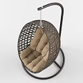 Egg Shaped Woven Rattan Hanging Chair With Beige Cushion And Black Metal Stand
