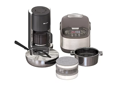 Essential Kitchen Appliances Including Coffee Maker Rice Cooker And Stainless Steel Pots 3d model