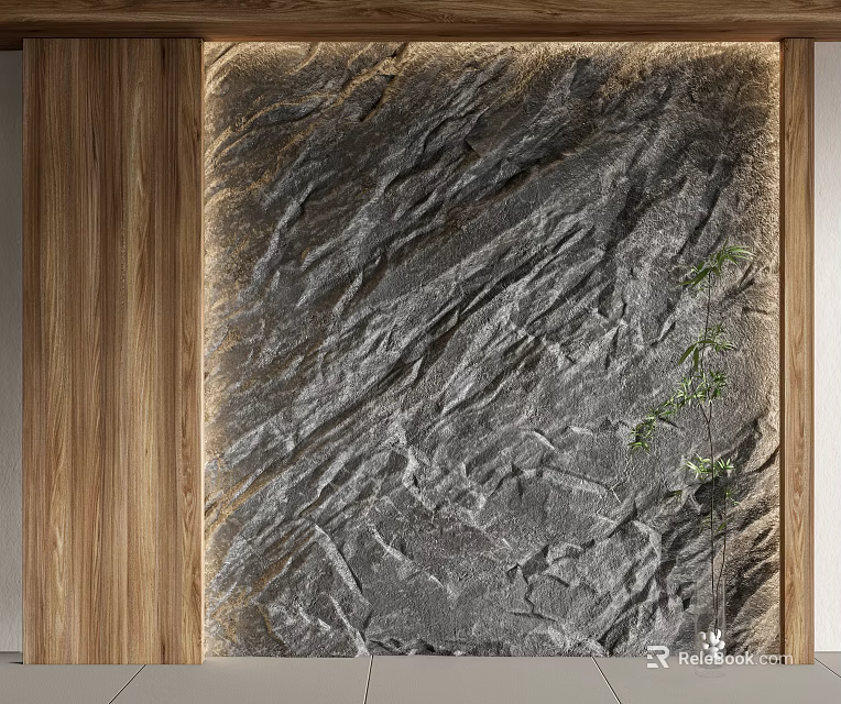 Modern Natural Background Wall With Stone Texture Wooden Frame And Green Plant 3d model 
