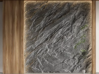 Modern Natural Background Wall With Stone Texture Wooden Frame And Green Plant 3d model