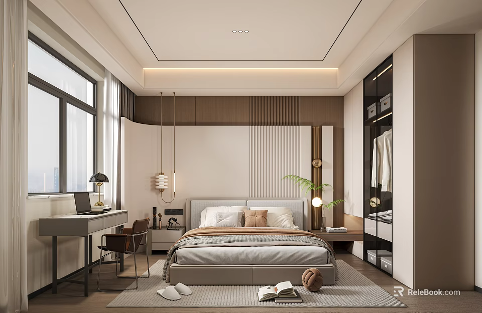 Modern Bedroom Interior Design With Large Bed Desk Chair Window Rug And Wardrobe 3d model 
