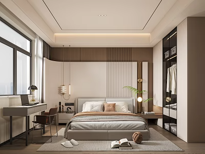 Modern Bedroom Interior Design With Large Bed Desk Chair Window Rug And Wardrobe 3d model