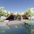 Curved Pergola Structure Surrounded by Trees Beside Water with Paved Pathway