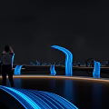 Blue Glowing Curved Art Installation In Dark Space With Reflective Floor And Human Figure
