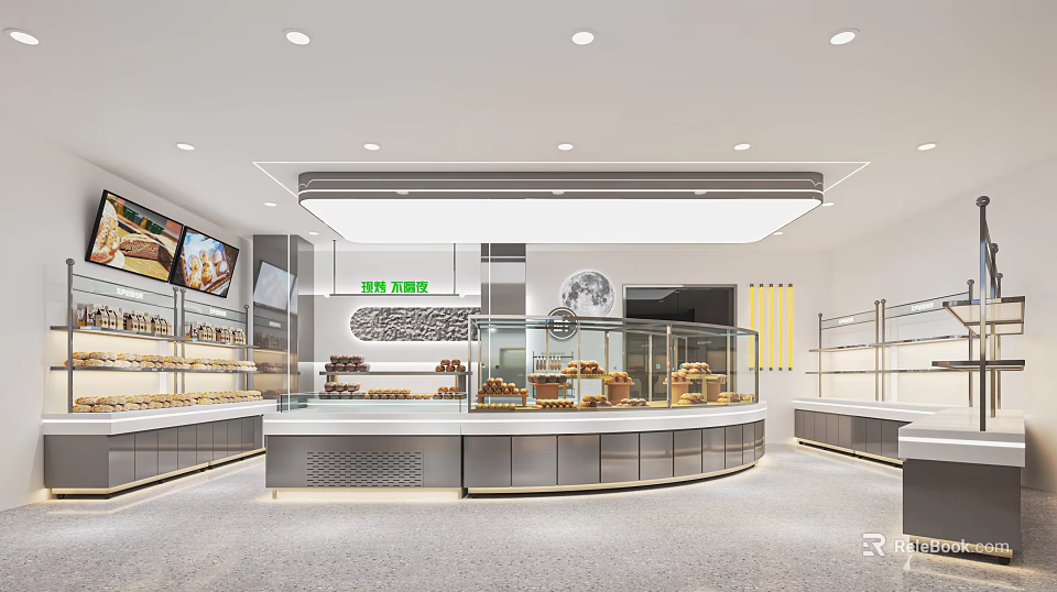 Modern Dessert Shop Interior Design With Glass Display Cases And Fresh Pastries 3d model 